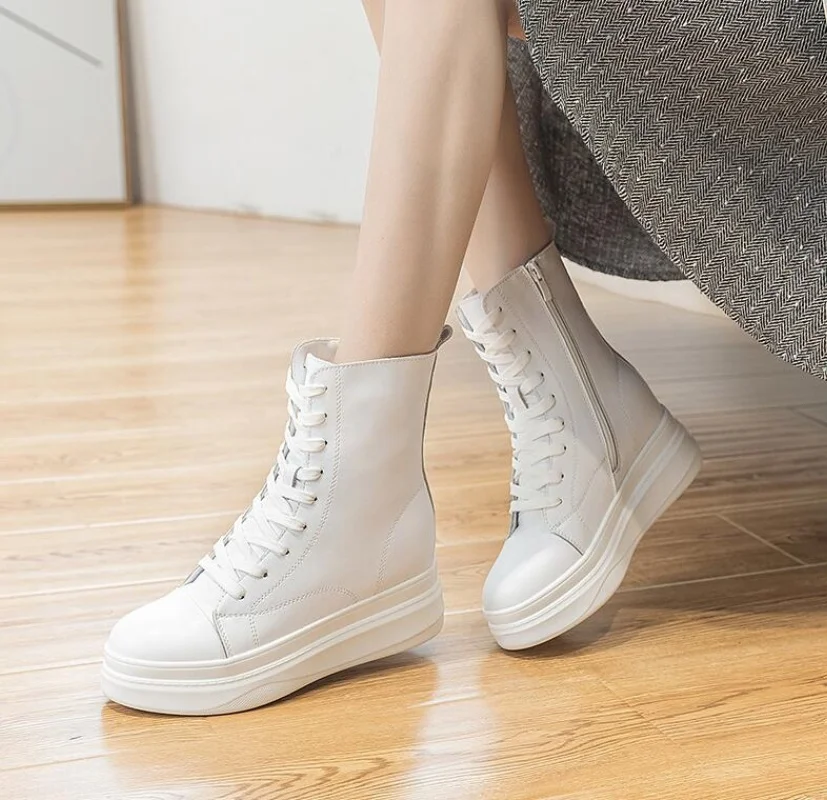 

Белые модные ботинки, женские высокие кроссовки, ботильоны на платформе и молнии, Femme Chaussures Femmes, увеличивающая рост, уличная спортивная обувь