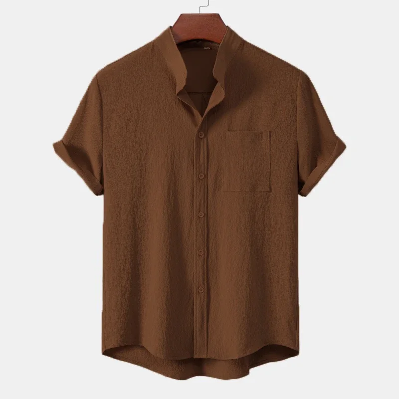 Camicia casual da uomo con colletto in piedi casual a maniche corte in tinta unita