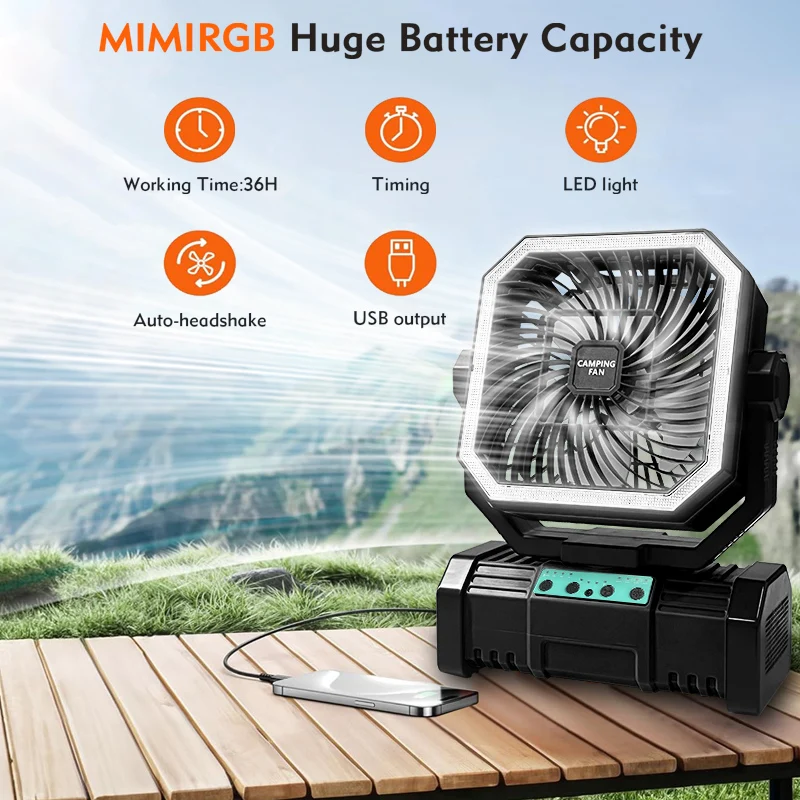 

Portable Camping Fan with LED Lantern Rechargeable Battery Operated Tent Fan with Hook 4 Speeds for Outdoor RV Power Outage