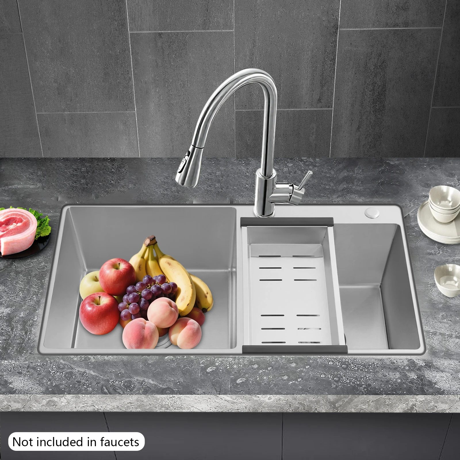 

Drop-in Kitchen Sink, 78x43x21cm Stainless Steel Sink with Drain Basket & Drainage Kit, Silver, for Home Kitchen, Countertop, Dishwashing