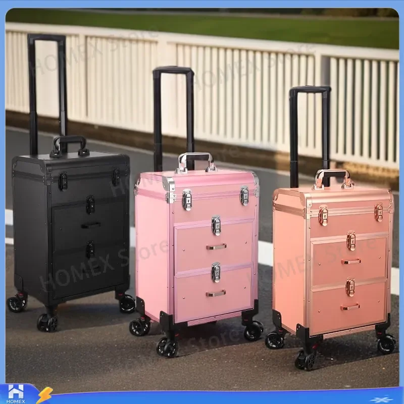 Large Capacity Aluminum Alloy Cosmetic Case Trolley Makeup Organizer Nail Art Embroidery Storage Box Professional Rolling