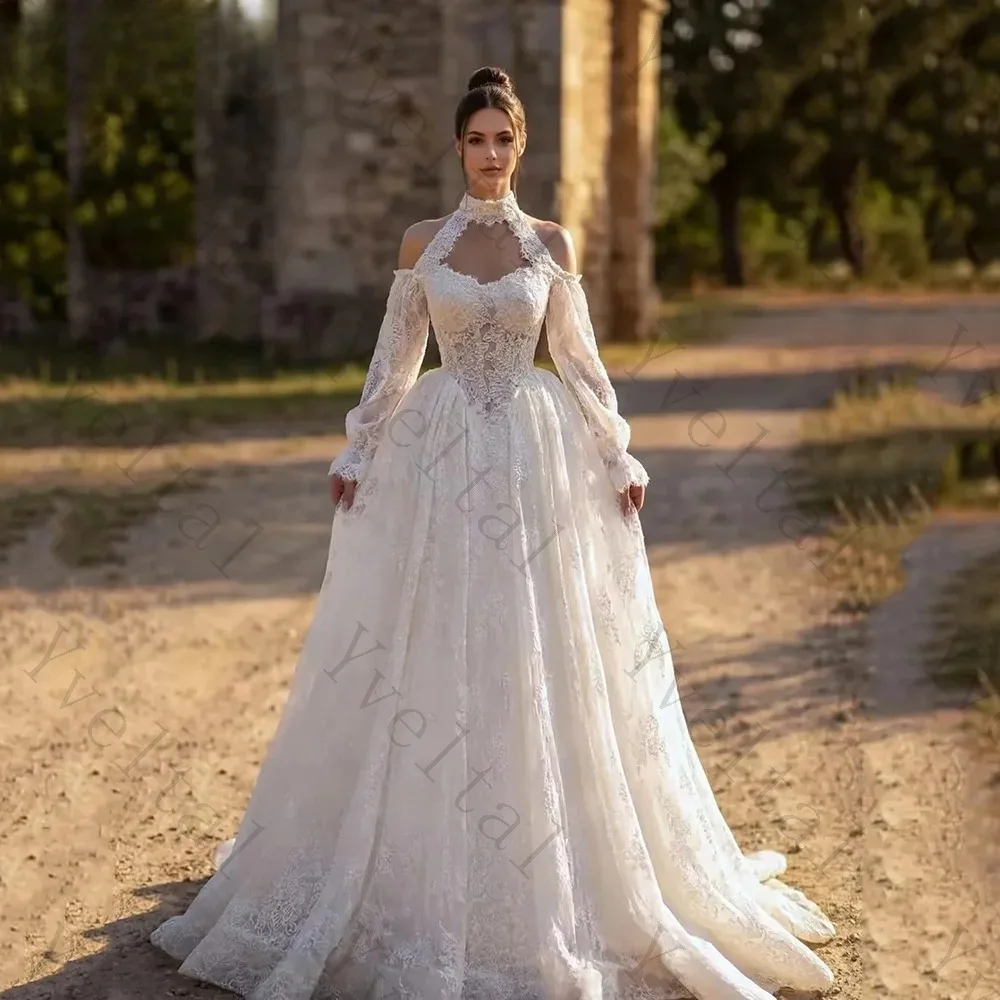 Customized Graceful Temperament Exquisite Lace Wedding Dresses Charming High Neck Full Sleeves A Line Sweep Train Bridal Gown