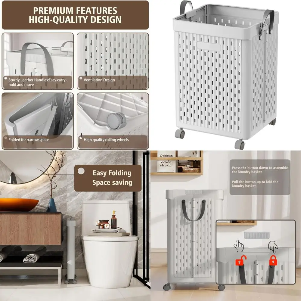 

Collapsible Plastic Laundry Basket with Wheels and Handle, Foldable Organizer for Laundry and Bathroom (Gray)