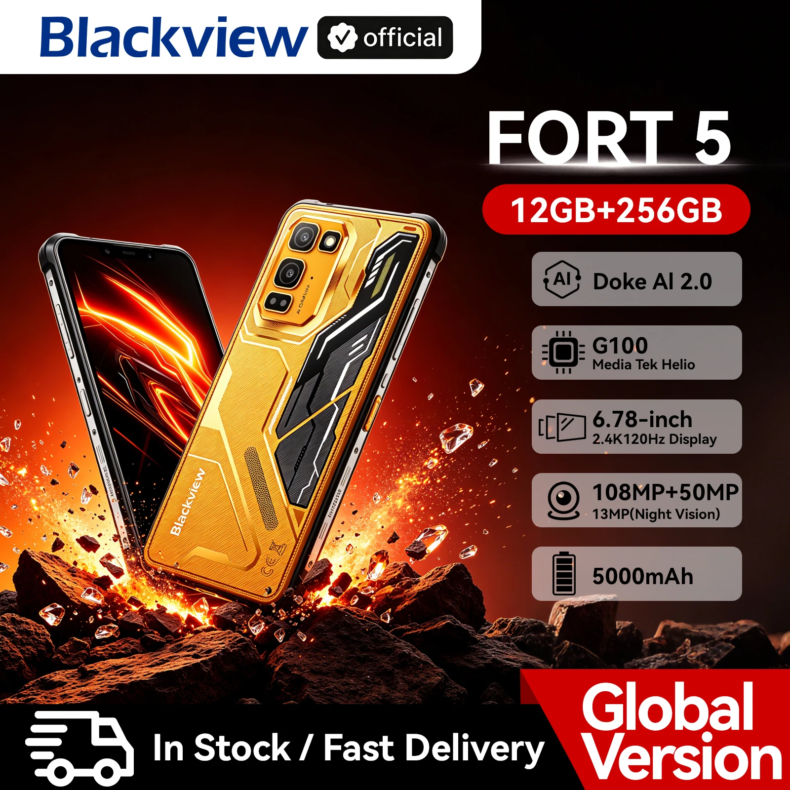 Blackview FORT 5 Smartphone, 6.78" HD+ IPS Display,MediaTek 12G+256GB,108MP,5000mAh Battery,Outdoor Rugged Mobile Phone