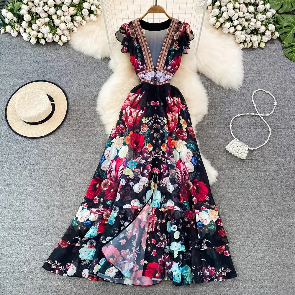 Floral Print Pleated Elegant Sleeveless Dress A-line High Waist V Neck Beach Vacation Party Dress Women Summer Vintage Vestidos