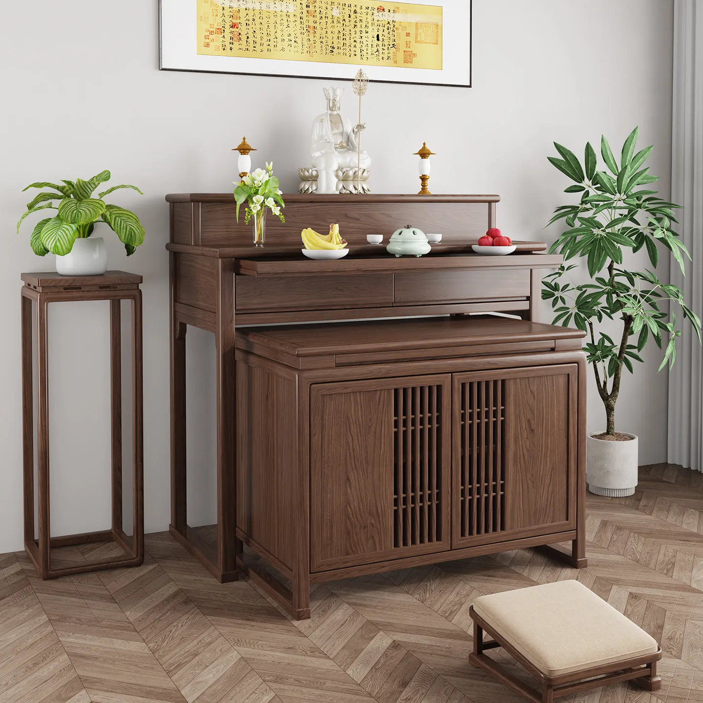 PYH solid wood new Chinese-style steps platform Buddhist temple shrine modern simple black walnut set cabinet