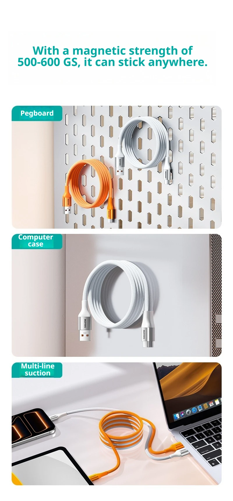 SAMZHE 100W Magnetisches USB-C-Ladekabel für iPhone 17/16/15, Samsung, Xiaomi, Huawei, Honor – USB-C-Nylon-Lade- und Datenkabel – Detail 5