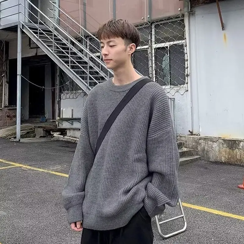 

Loose Fit Men's Knitted Sweater Autumn Winter Lazy Style Casual Long Sleeve Baseball Collar Diamond Pattern Trendy Base Layer