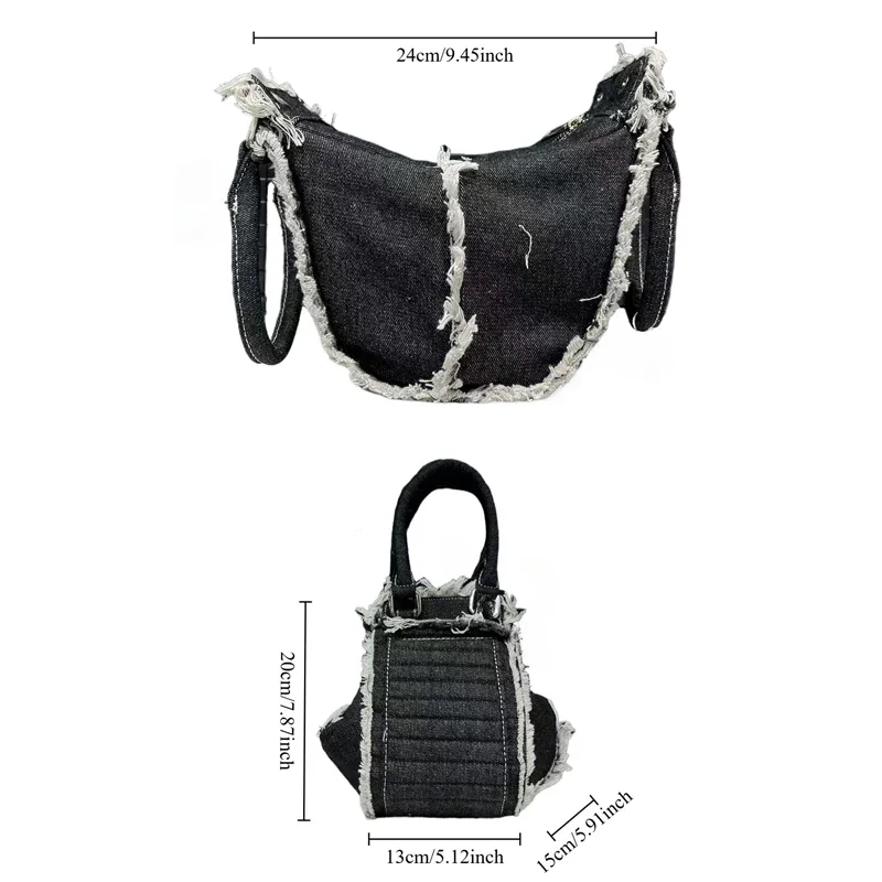 Ladies' Fashion Denim Denim Damaged Bucket Handbag, Vintage Splicing Tassel Single Shoulder Diagonal Cross Bag