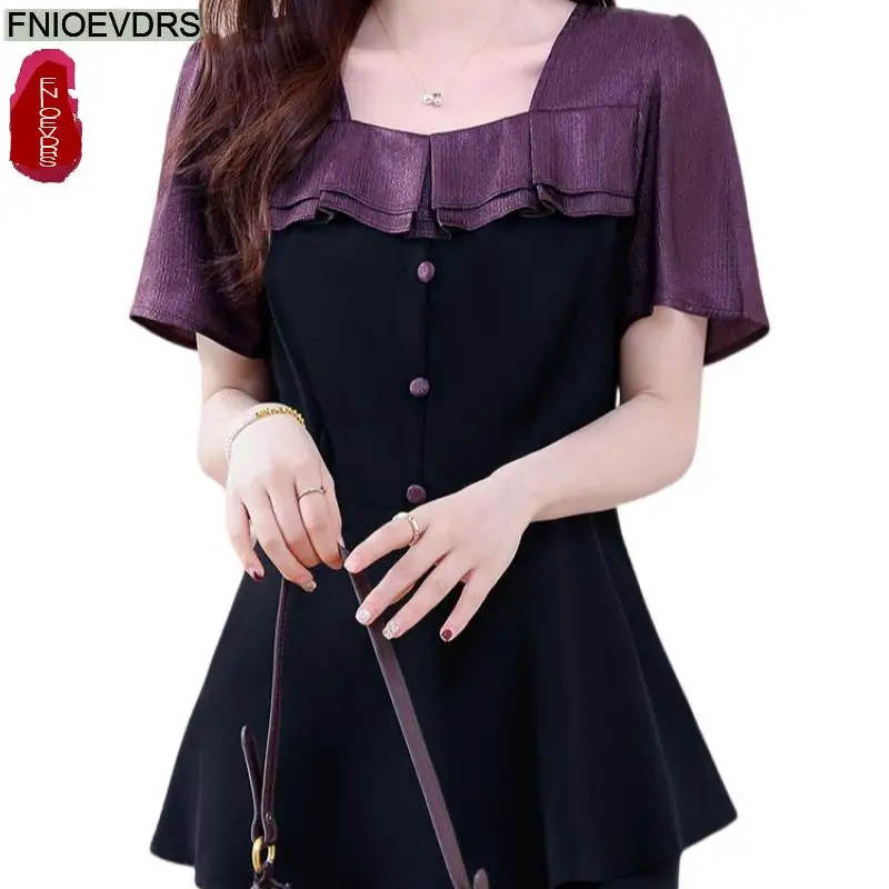 

Loose Clothes Women 2025 Summer Short Sleeve Office Lady V Neck Blouse Button Ruffle Retro Vintage Shirts Tunic Peplum Tops