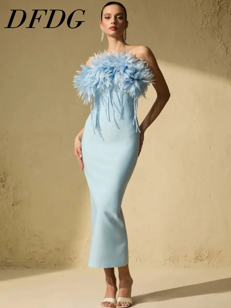 

Женское платье DFDG весна-лето без бретелек с перьями, приталенное, фасон «русалка», миди, шикарное, для вечеринок, модное, женственное, тренд 2026 года