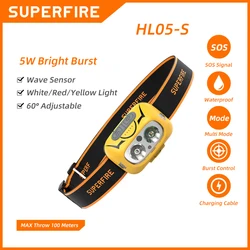 New SUPERFIRE HL05-S LED Headlamp with Stepless Dimming/Motion Sensor, Yellow/White Light Headlight USB Rechargeable Lantern