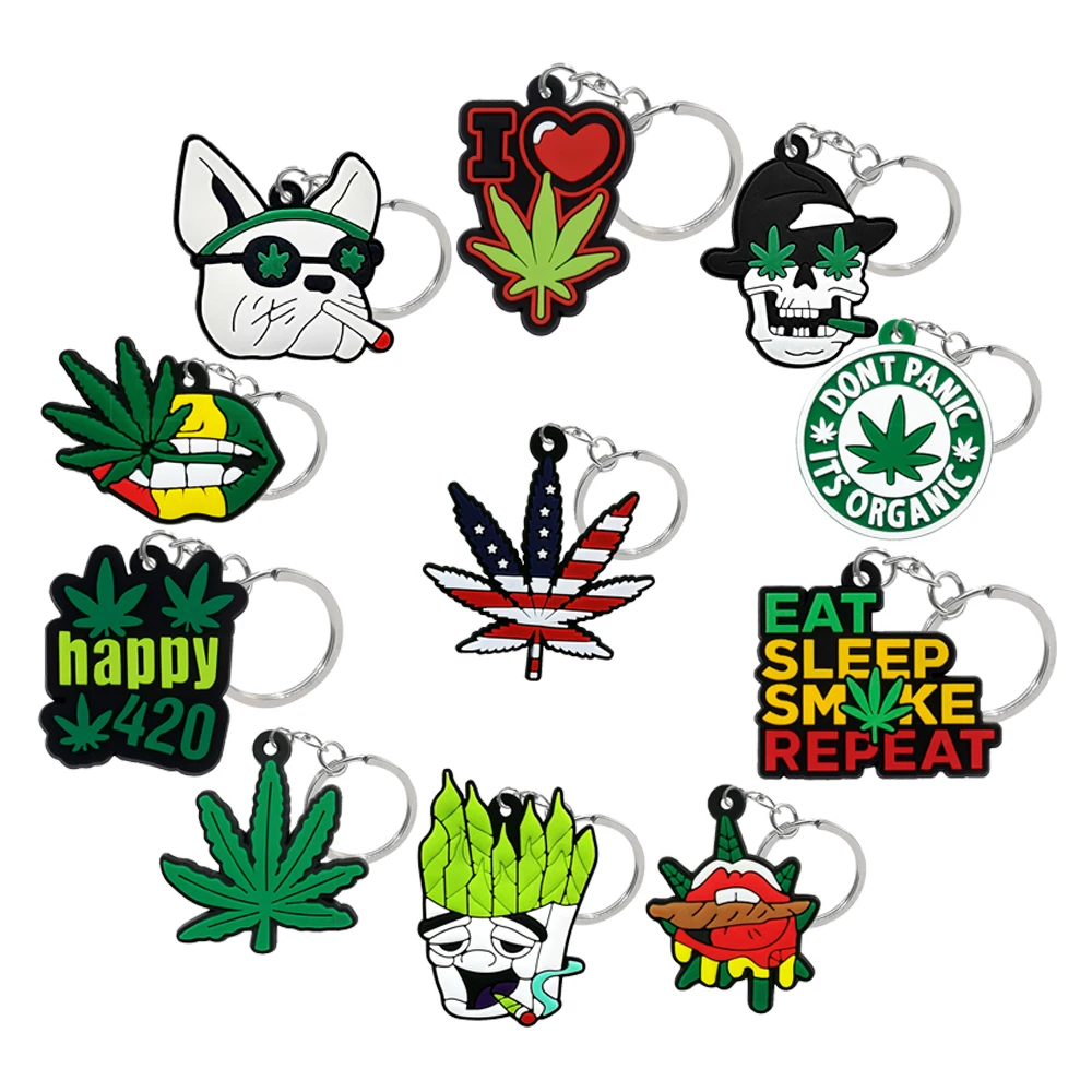 10pcs Hemp Leaf PVC KeyChains Wacky Smoking Key Ring Fittongs Cool Dog Cigarettes Key Chain Backpacks Accessories for Men Boys