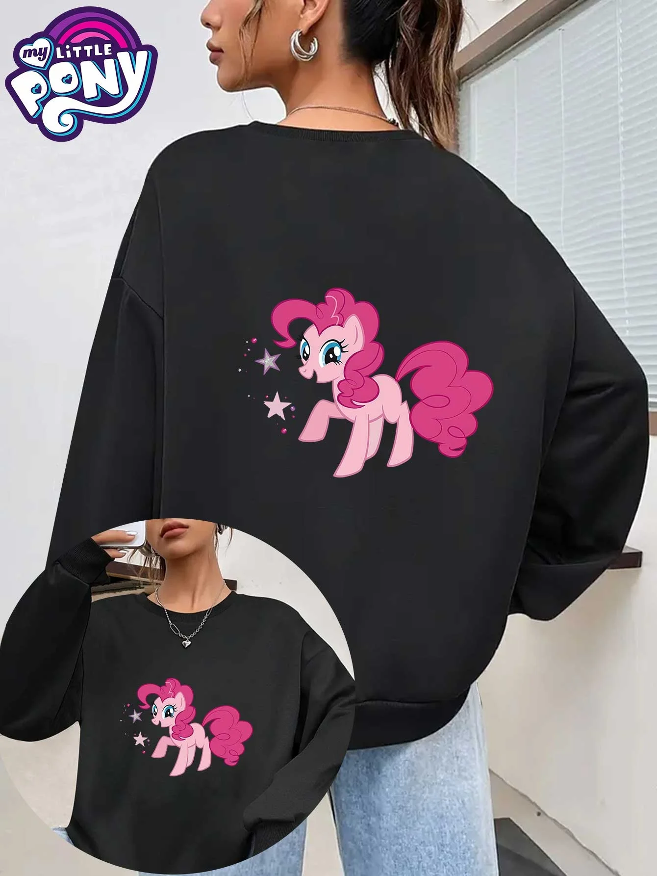 

Oversized Pinkie Pie Star Crewneck Sweatshirt Unisex Cartoon My Little Pony Streetwear