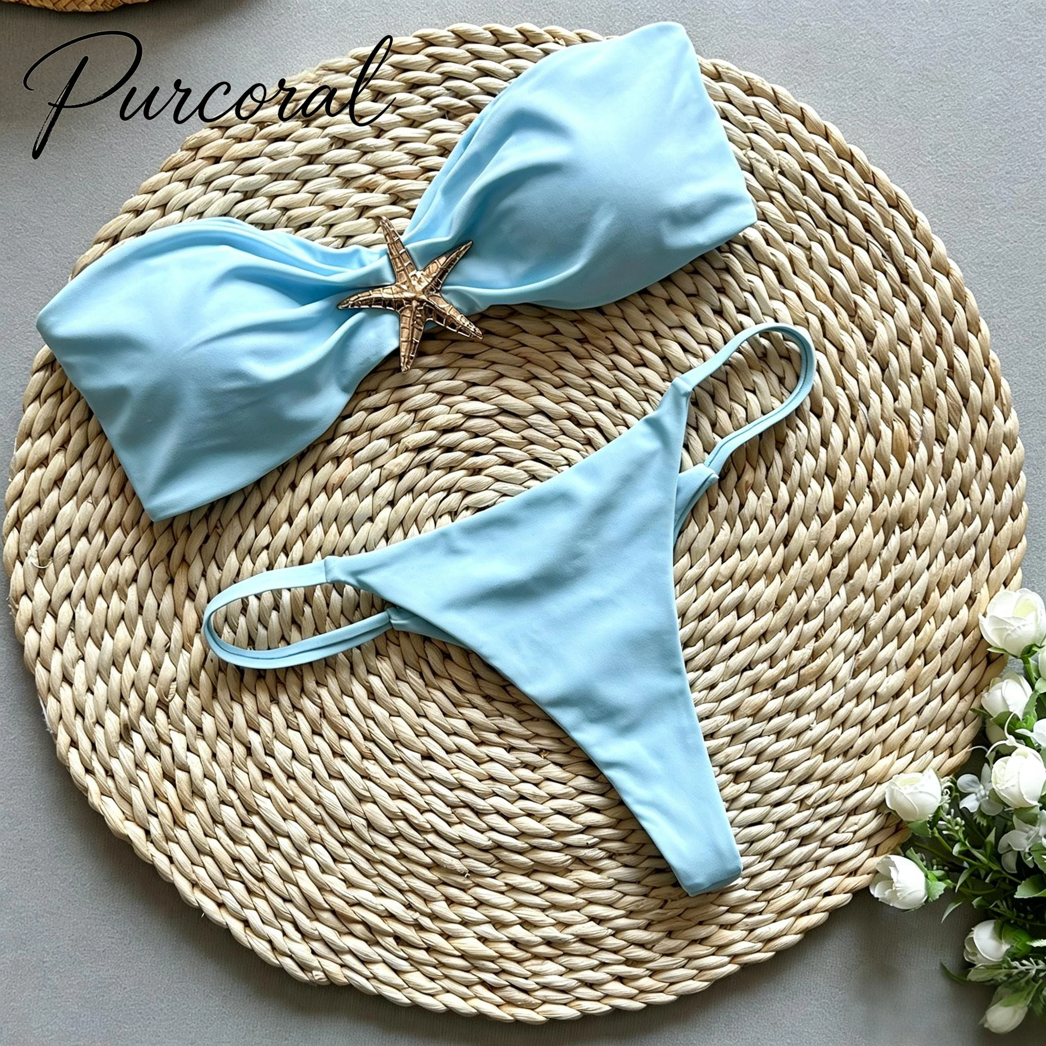 Purcoral 2026 New Sky Blue Bandeau Bikini Set   Decor Padded Strapless Top Thin Strap Thong Swimsuit Women Beach Bathing Suit
