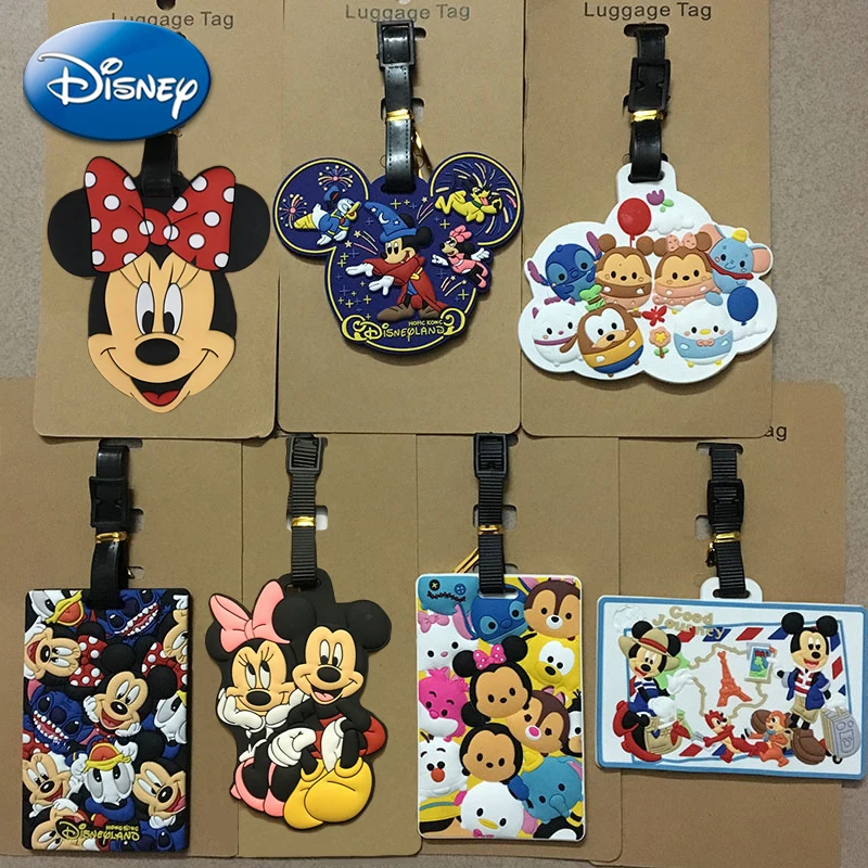 Disney Mickey Luggage Tags Anime Figures Minnie Mouse Suitcase Tag PVC Baggage Holder Travel Accessories Label Bag Pendant Gifts