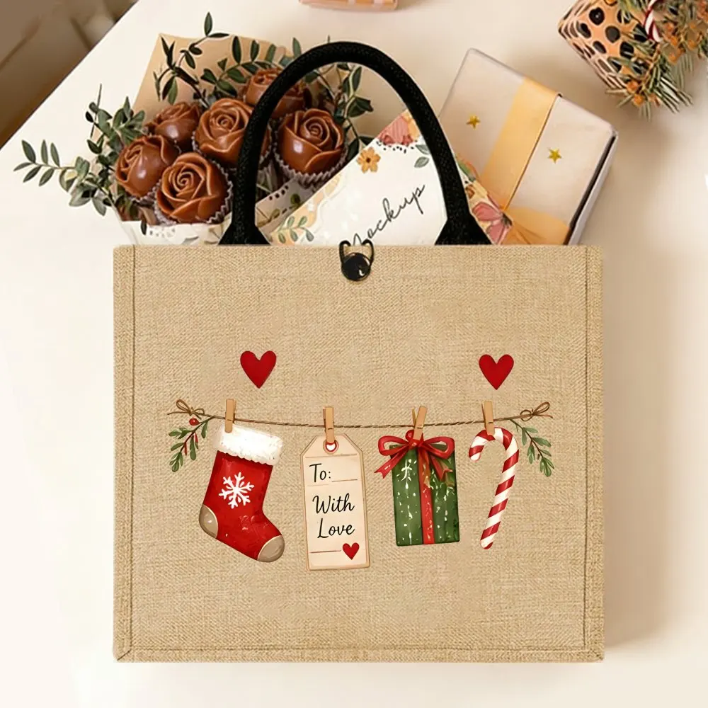 Cute Christmas Hanging Stocking & Candy Cane Jute Tote Bag, Xmas Holly Heart Pattern Shoulder Bag, Casual Daily Shopping Handbag 4