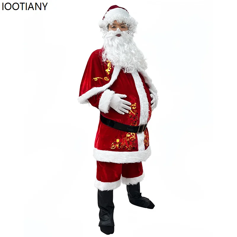 أزياء كوسبلاي للجنسين سانتا كلوز التأثيرية أزياء أداء عيد الميلاد ملتحية رجل عجوز مرحلة تظهر فستان مخملي ذهبي