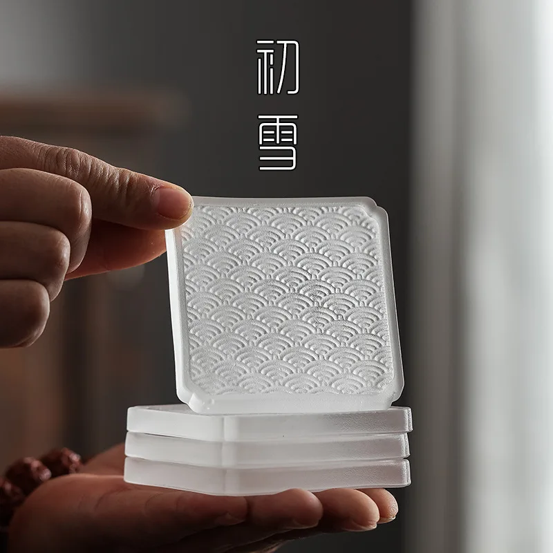 Japanese Style Sea Wave Pattern Glass Coaster, Square, Round, Whiskey, Teacup, Kung Fu Tea Cup Mat, Saucer, Wine Tumbler Holder