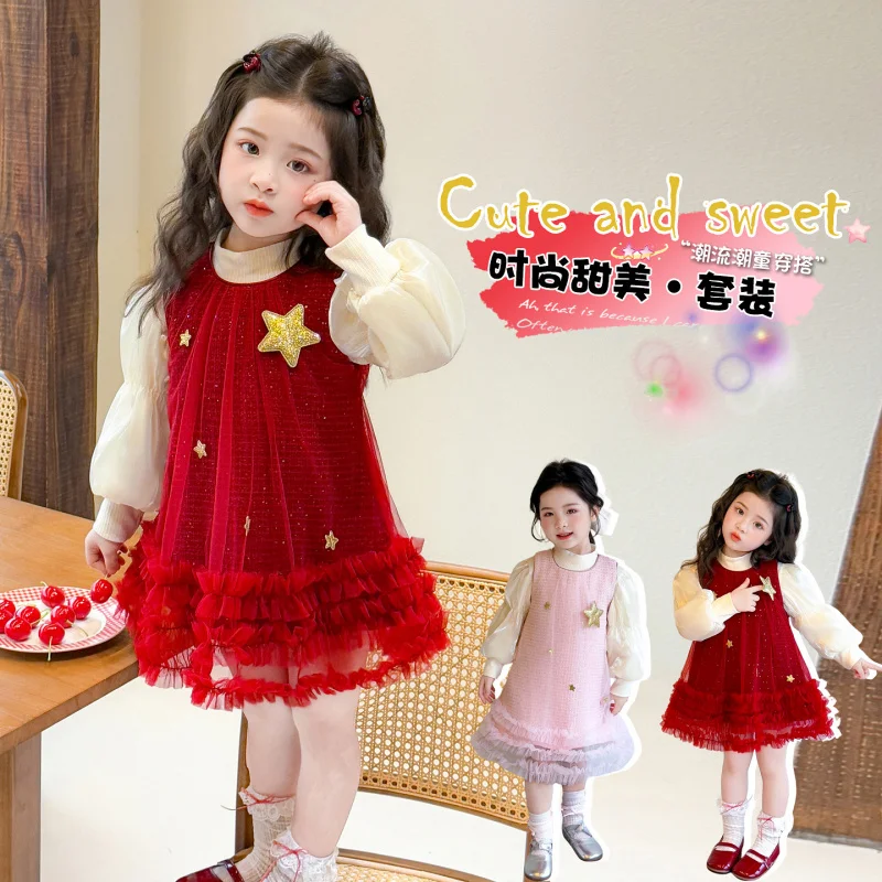 

Girls' Dress Set New Spring and Autumn Style2026Baby's base sweater, star-patterned tulle skirt, tank top dress, versatile