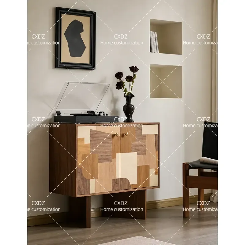 Pure Solid Wood Side Cabinet Antique Black Walnut Storage Locker for Living Room Sofa Entrance Tea Cabinet