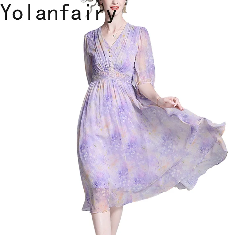 

YOLANFAIRY High-end 100% Real Mulberry Silk Dresses for Woman 2025 Summer Korean Style Elegant Women's Dresses Sweet Pink Dress