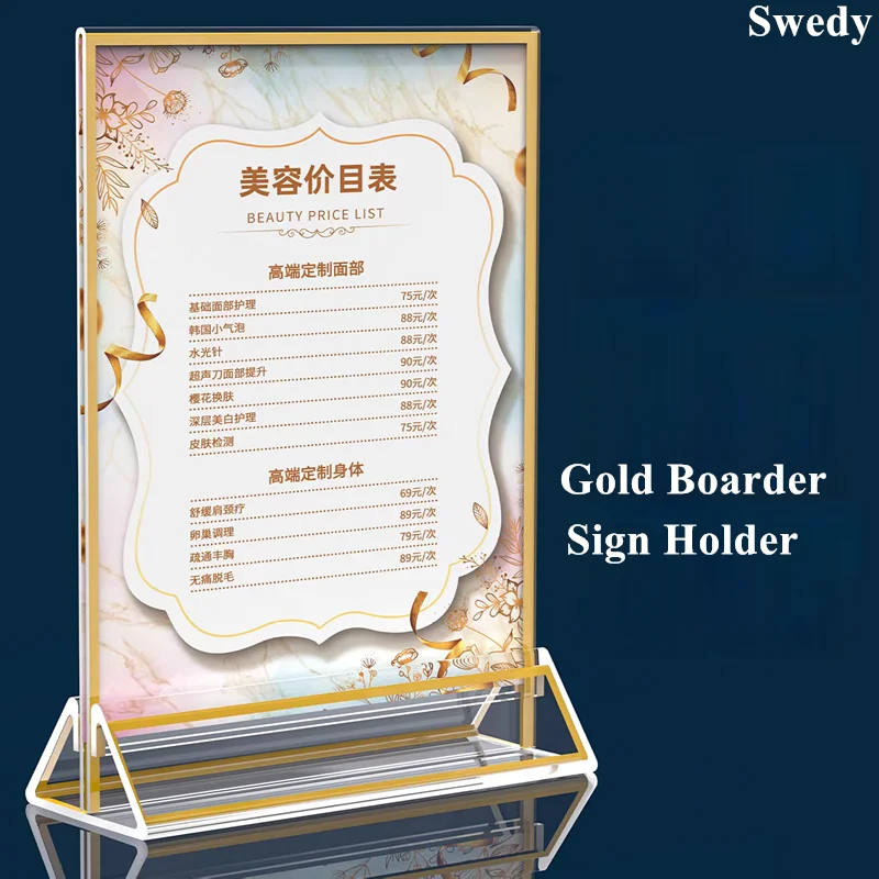 4 Pieces A5 148x210mm Table Gold Border Acrylic Sign Holder Display Stand Restaurant Menu Recipe Cards Photo Picture Frame