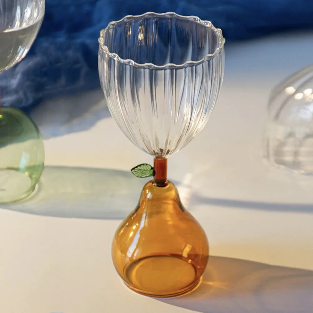 1 PC 240ml 8oz Creative Nordic Ripple Glass Goblet with Fruit Green Apple Yellow Amber Pear Base Cocktail Glasses Cup