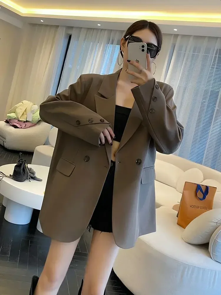 เกาหลีสไตล์ผู้หญิง Blazer Solid INS Lady Casual Harajuku Notched Outwear All-Match หลวมฤดูใบไม้ร่วงสํานักงาน-ดูใหม่มาถึง