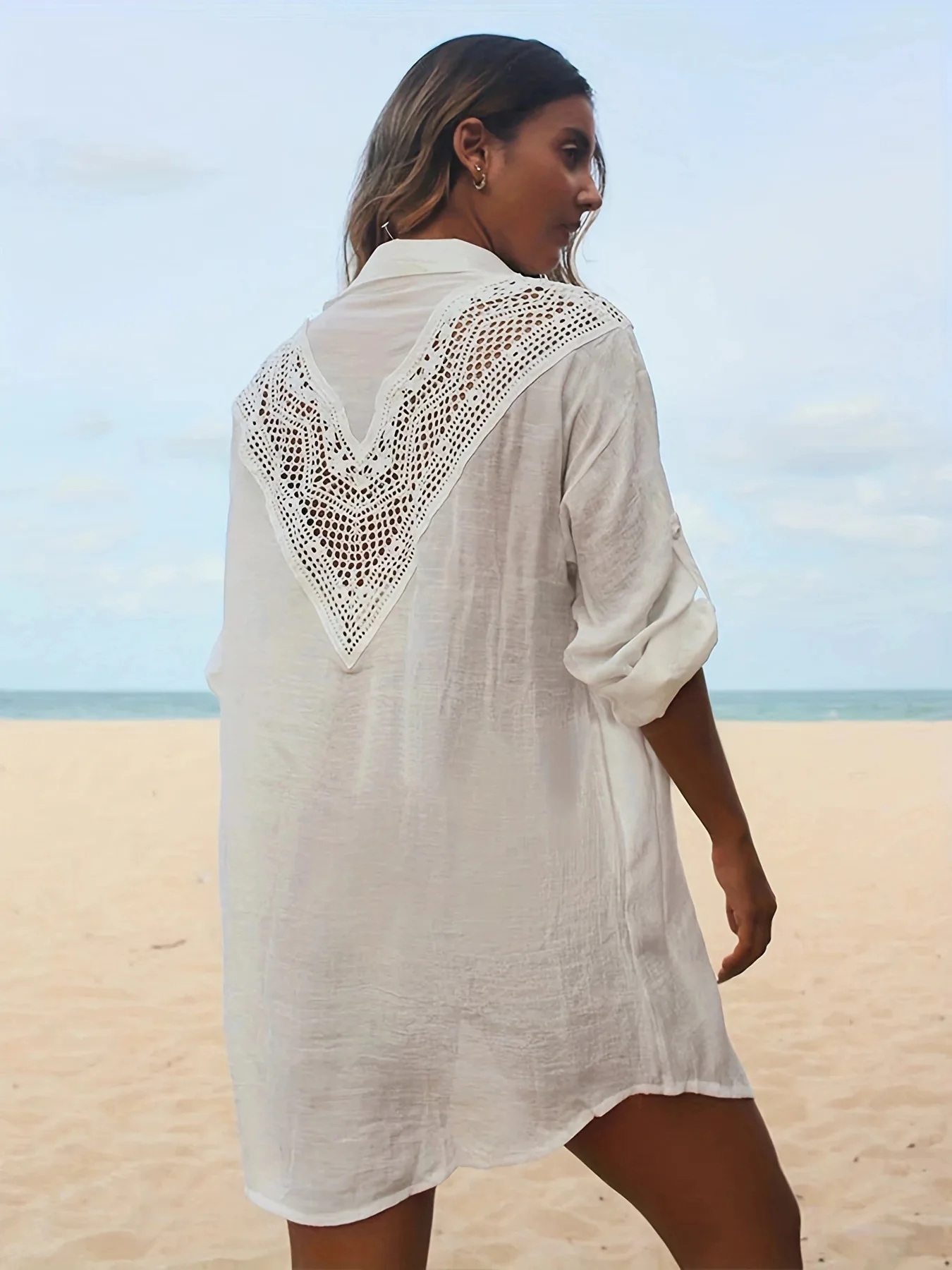 Robe de plage en dentelle ajourée à manches longues pour femmes, cover-up pour bikini, chemise sexy décontractée, maillots de bain féminins