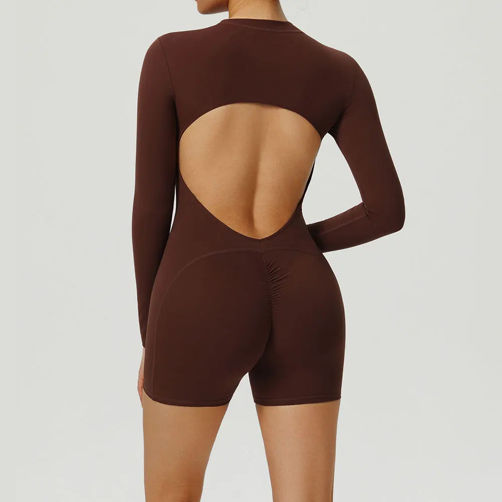 

Цельный костюм для йоги с открытой спиной, спортивный комбинезон на молнии с длинными рукавами, с эффектом пуш-ап, для тренировок в тренажерном зале, женские боди для отдыха на открытом воздухе