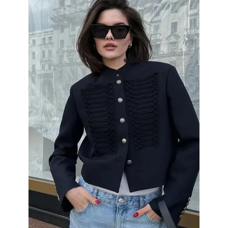 

Women Knit Patchwork Napoleon Military Jacket Shoulder Pad Chic Single Breasted Short Blazer Long Sleeve Loose