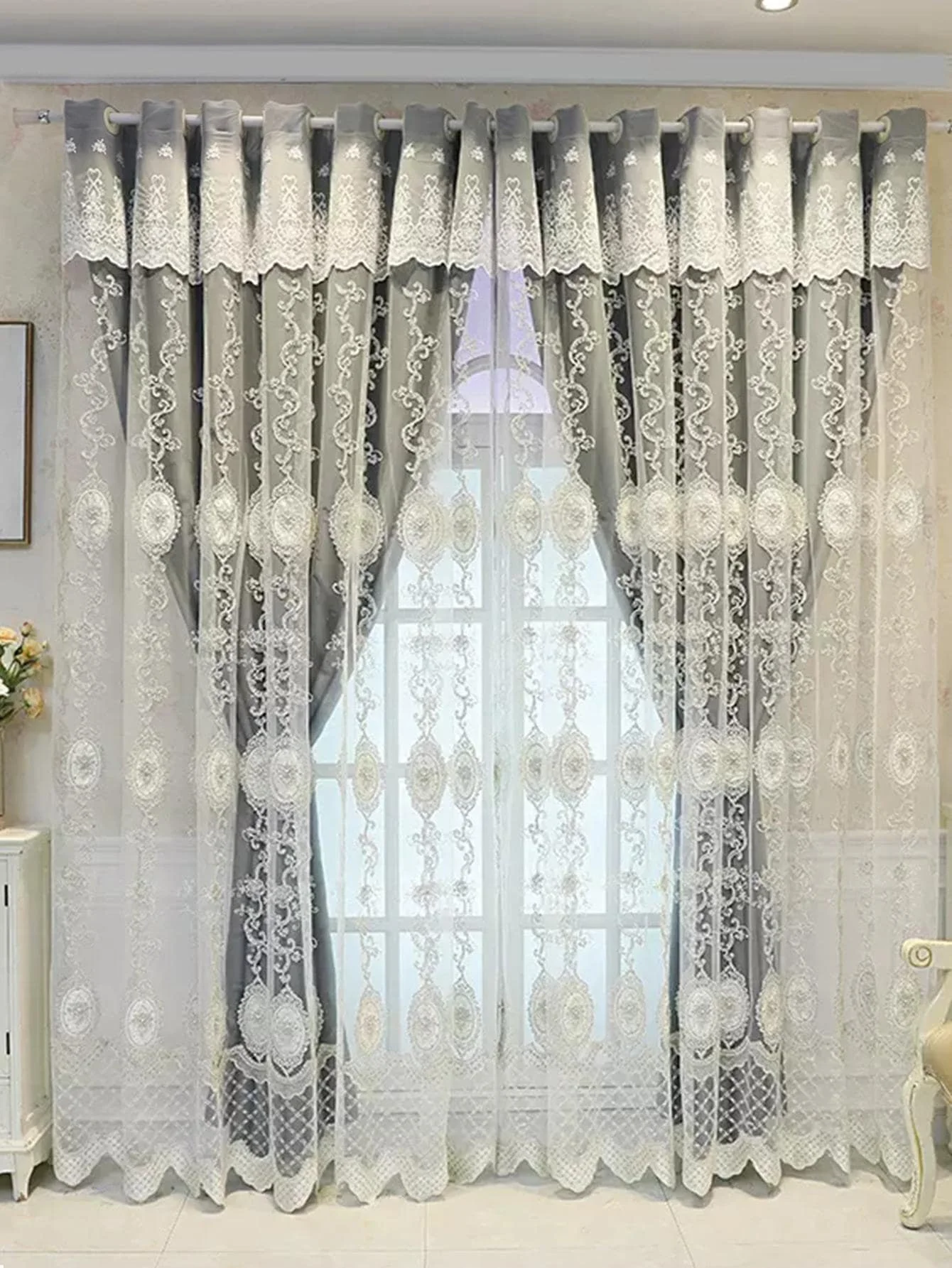 European-style embroidered pearl gauze light luxury one double bedroom living room curtains