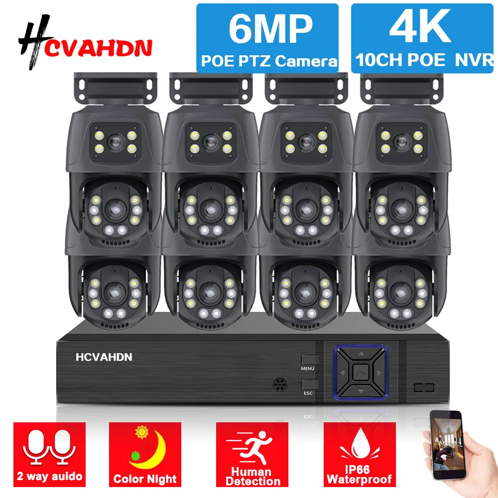 XMEYE 4CH POE PTZ Camera Security System Kit 6mp Outdoor Color Night Vision 10CH 4K POE NVR System with Dual Lens IP Camera Set