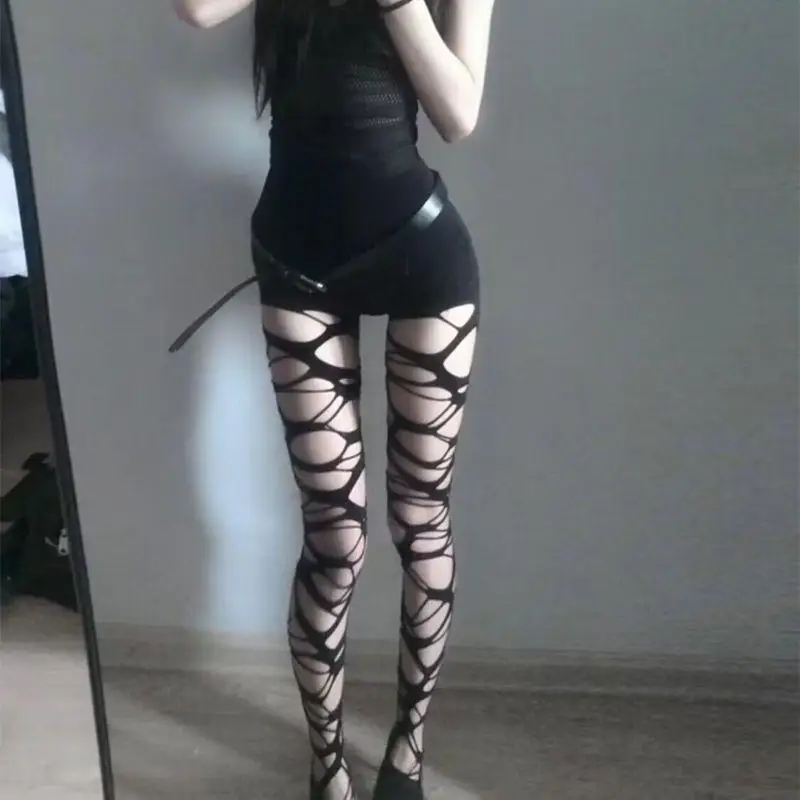 1 adet kadınlar moda gotik Punk tarzı kişilik külotlu kadın giyim dekorasyon siyah kırık delik örgü külotlu