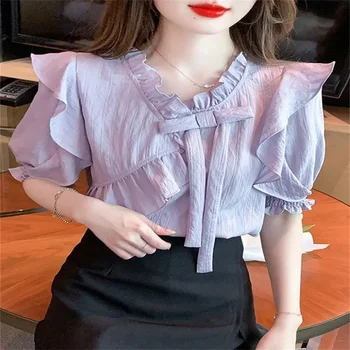 EWQ 여성용 풀오버 셔츠, O넥 패치워크 디자인, 퍼프 슬리브, 단색 블라우스, 스위트 스타일, 용수철 여름, 2032 신상 0638 