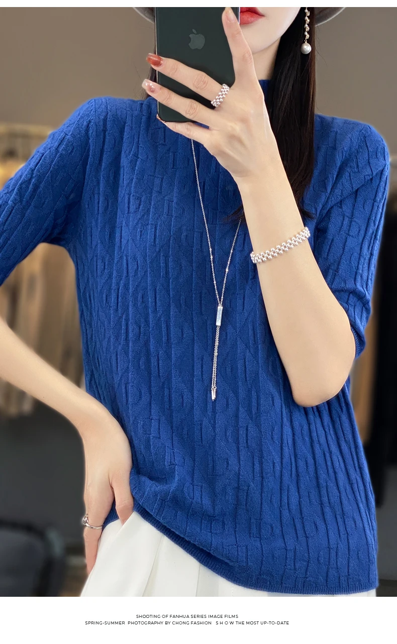 Women New Soft Diamond Letter Design Sweater Half-high Collar Three Quarter Sleeve Pullover Spring Summer Casual Knit Slim Top