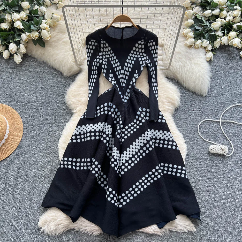 

Women Printing Dresses Pleat Dress Long Sleeve Round Collar Ankle Length Elegant Loose Fit Casual Office Lady 2025 Autumn Winter