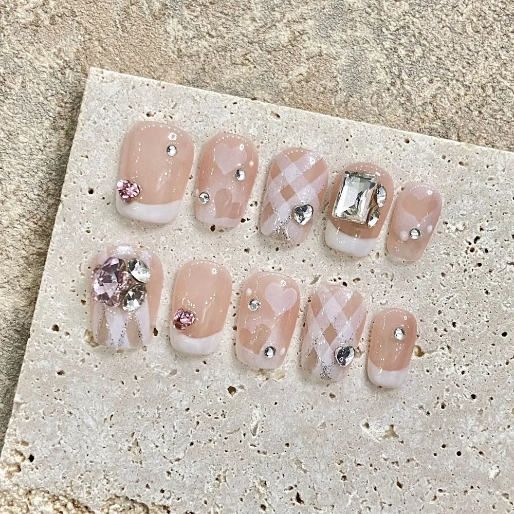 Handmade French Short Press on Nails Nude Pink Rhinestone Design Reusable Wearable False Nails Full Cover Nail Tips Desired Life