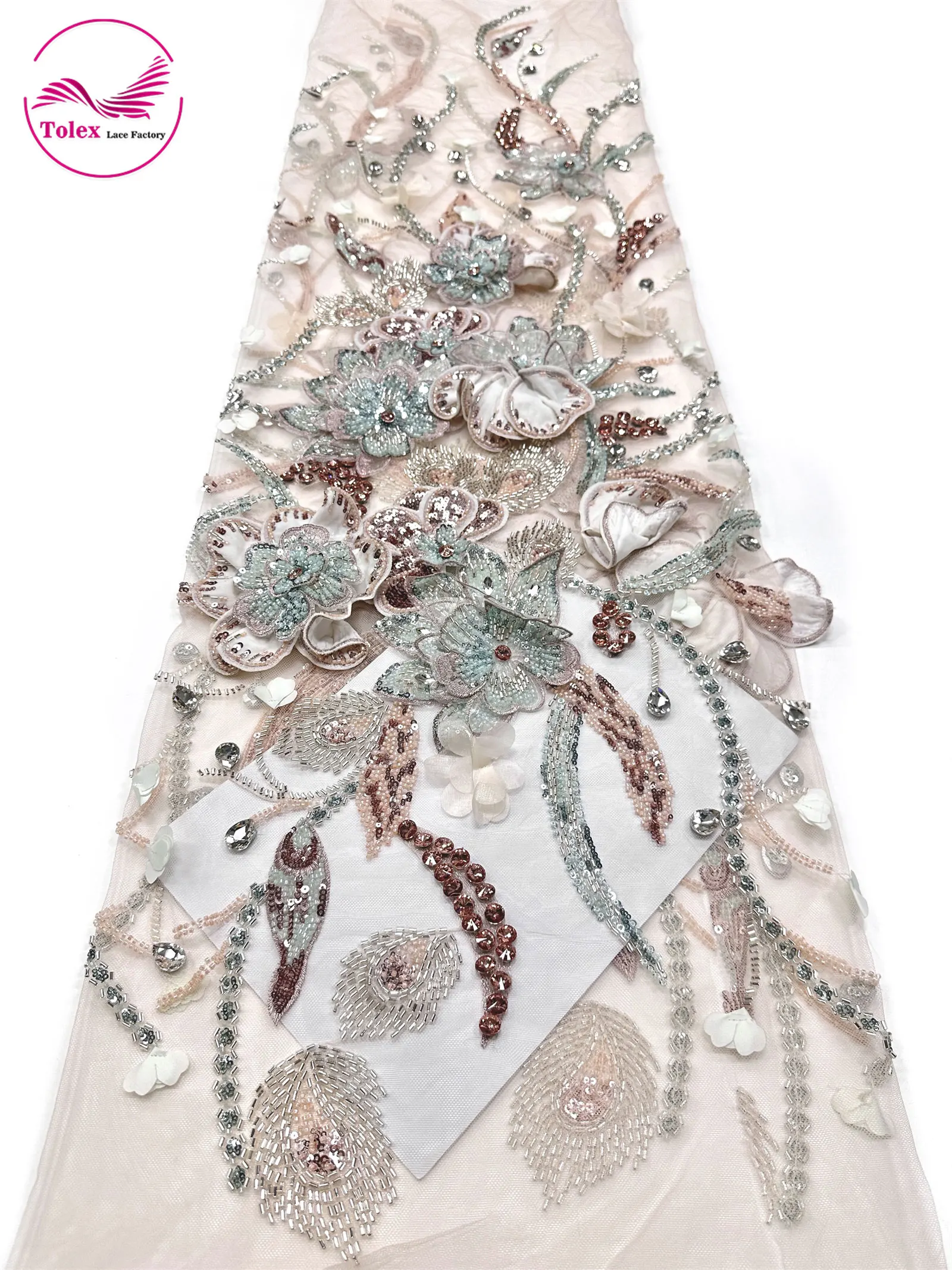 Nigerian High-End Custom Handmade 3D Beaded Gemstone Lace Fabric African Sequins Lace French Tulle Lace Wedding Dress Sewing