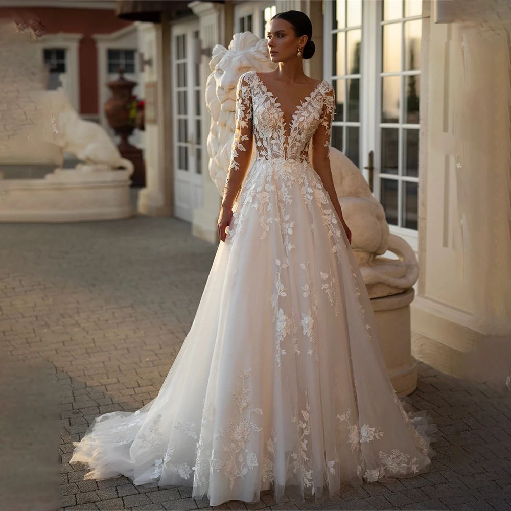 Gaun Pengantin Modern Lengan Panjang V-neck dengan Aplikasi Renda Model A-Line Buatan Khusus 2025 Vestido De Noival