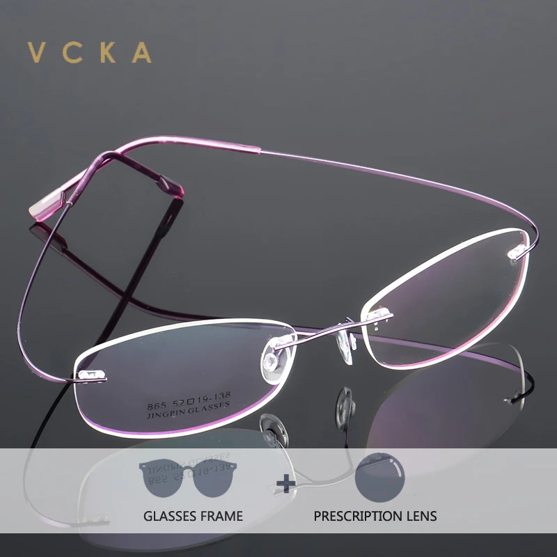 vcka-超軽量ファッション女性リムレス近視遠視メガネフレーム記憶合金変色処方男性光学眼鏡