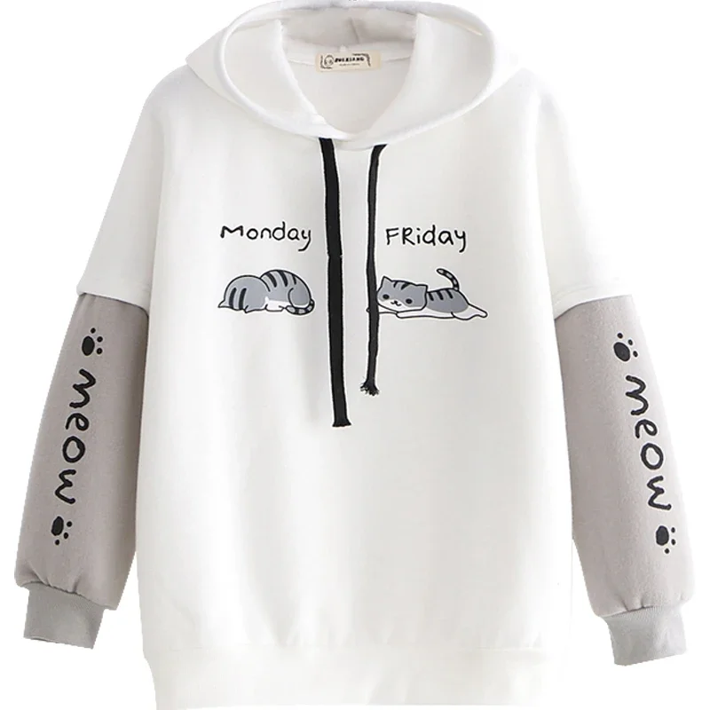 

High Quality Cute Two Cats Fall Winter Women's Loose Hoodies Thicken Warm Pullovers Hooded Cashmere Sweet Patchwork Tops