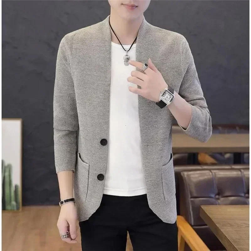 Knitted Sweaters for Men Business Cardigan Plain Man Clothes Solid Color Black Winter 2023 Over Fit Knit Cheap S Free Shipping V