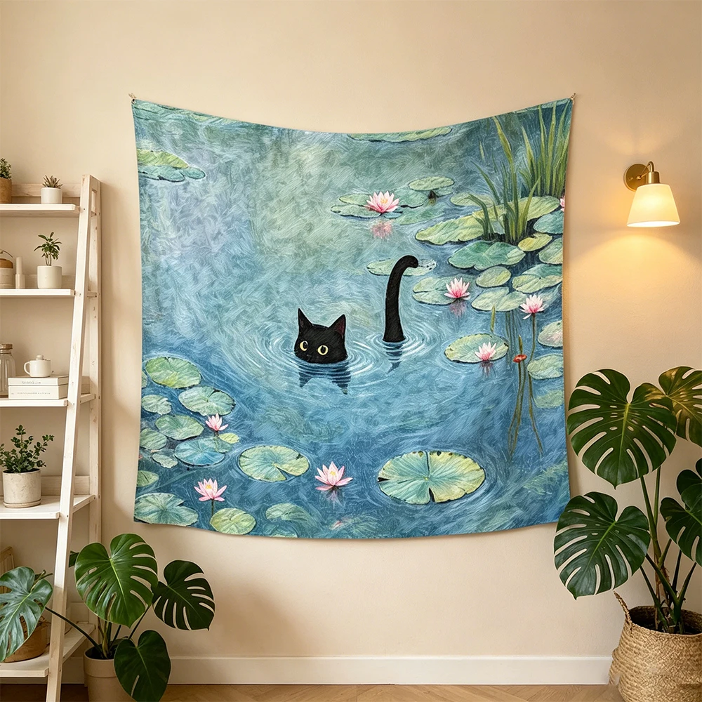 Monet Seerosen Schwarze Katze Wandteppich, Lustiger Niedlicher Schwarzer Katzen-Wandbehang, Ästhetischer Kunst-Wandteppich für Schlafzimmer Wohnzimmer