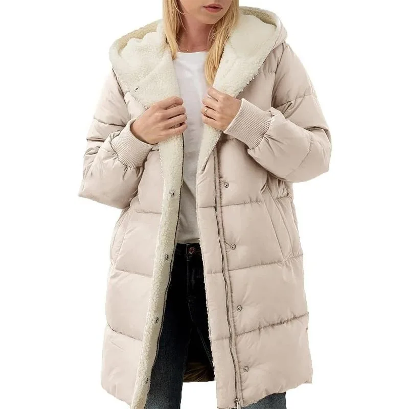 Women's Clothing Solid Warm Fleece Hooded Cotton Coat Long Sleeves Double-sided Velvet Slim Fit Elegant Cardigan Outerwear Top