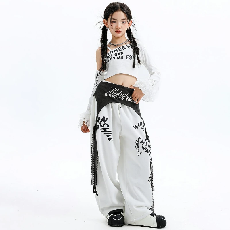 새로운 소녀 재즈 댄스 의상 힙합 코스튬 케이팝 화이트 긴팔 상의 배기 바지 패션 스트리트웨어 패션 캣워크 의상