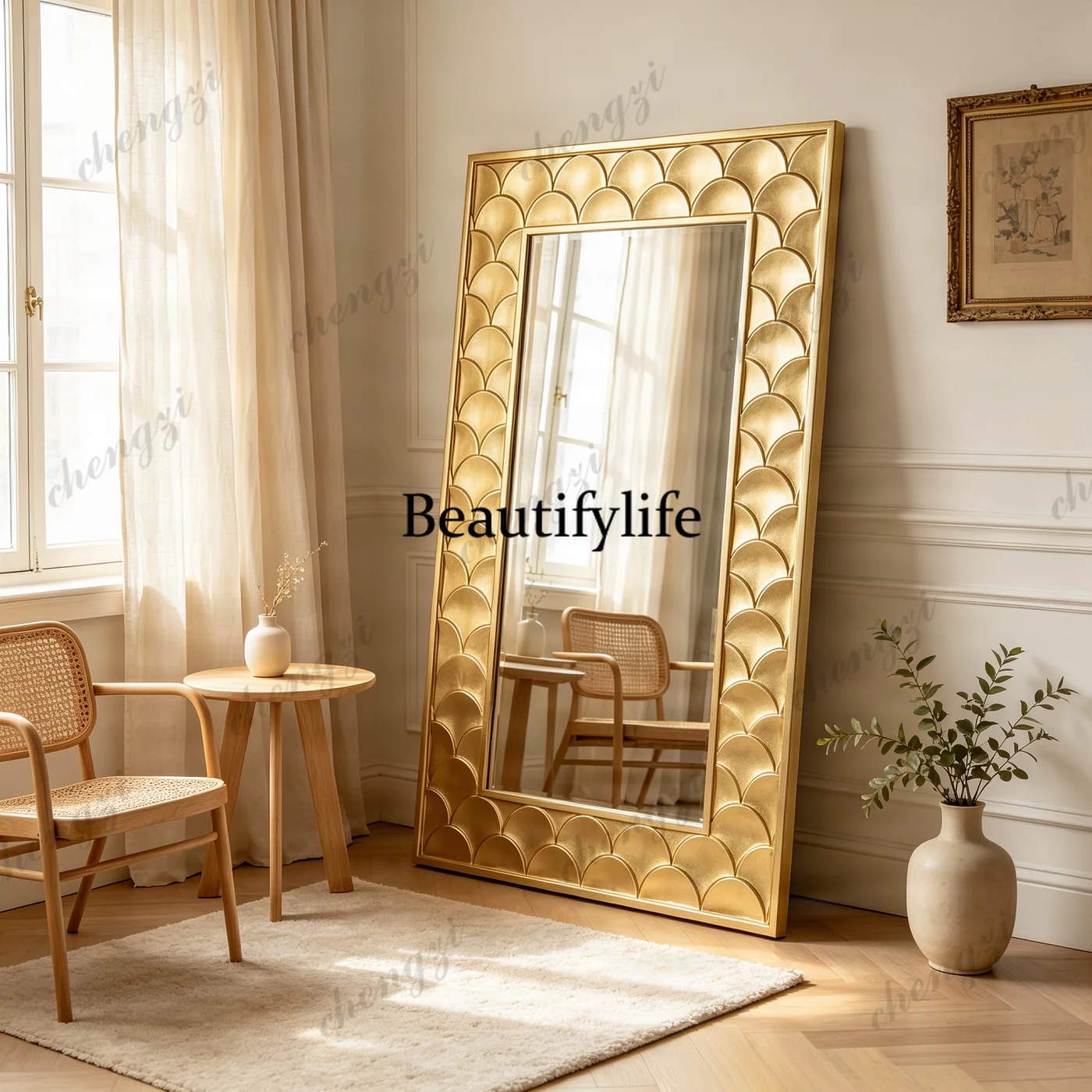 French wavy full-body mirror American wooden frame design sense floor-to-ceiling full-length mirror European clothing store