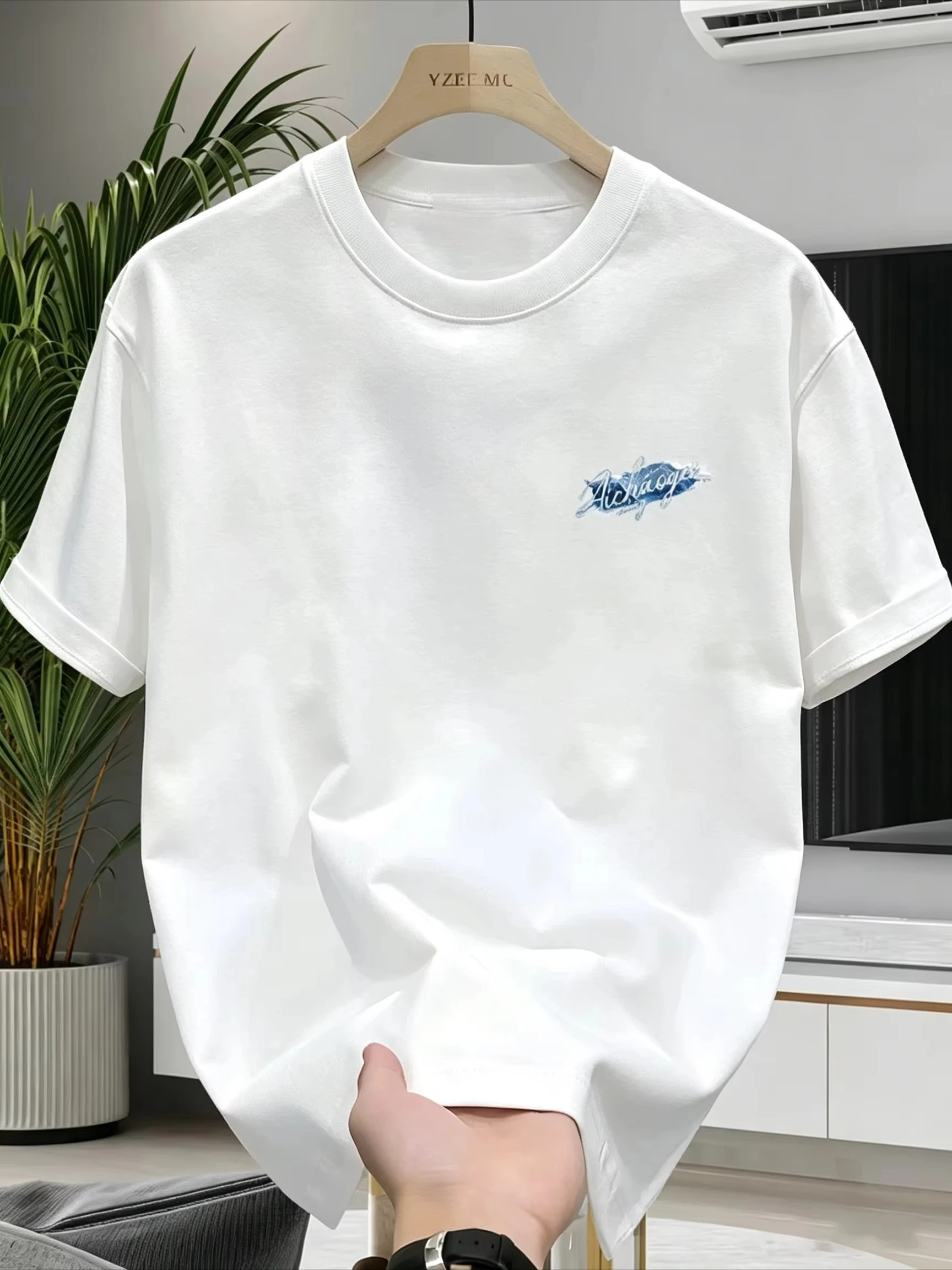 2027 Summer Retro Men's Glacier Mountain Pattern Letter Printed Round Neck T-shirt 100% Cotton Hip Hop Loose Daily Short Sleeve