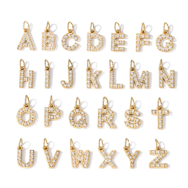 Wasserdichter goldfarbener Edelstahl-Anhänger mit 26 Buchstaben, trendiger kleiner 8mm Iced Out CZ Initialen-Anhänger für Halsketten und Ohrringe